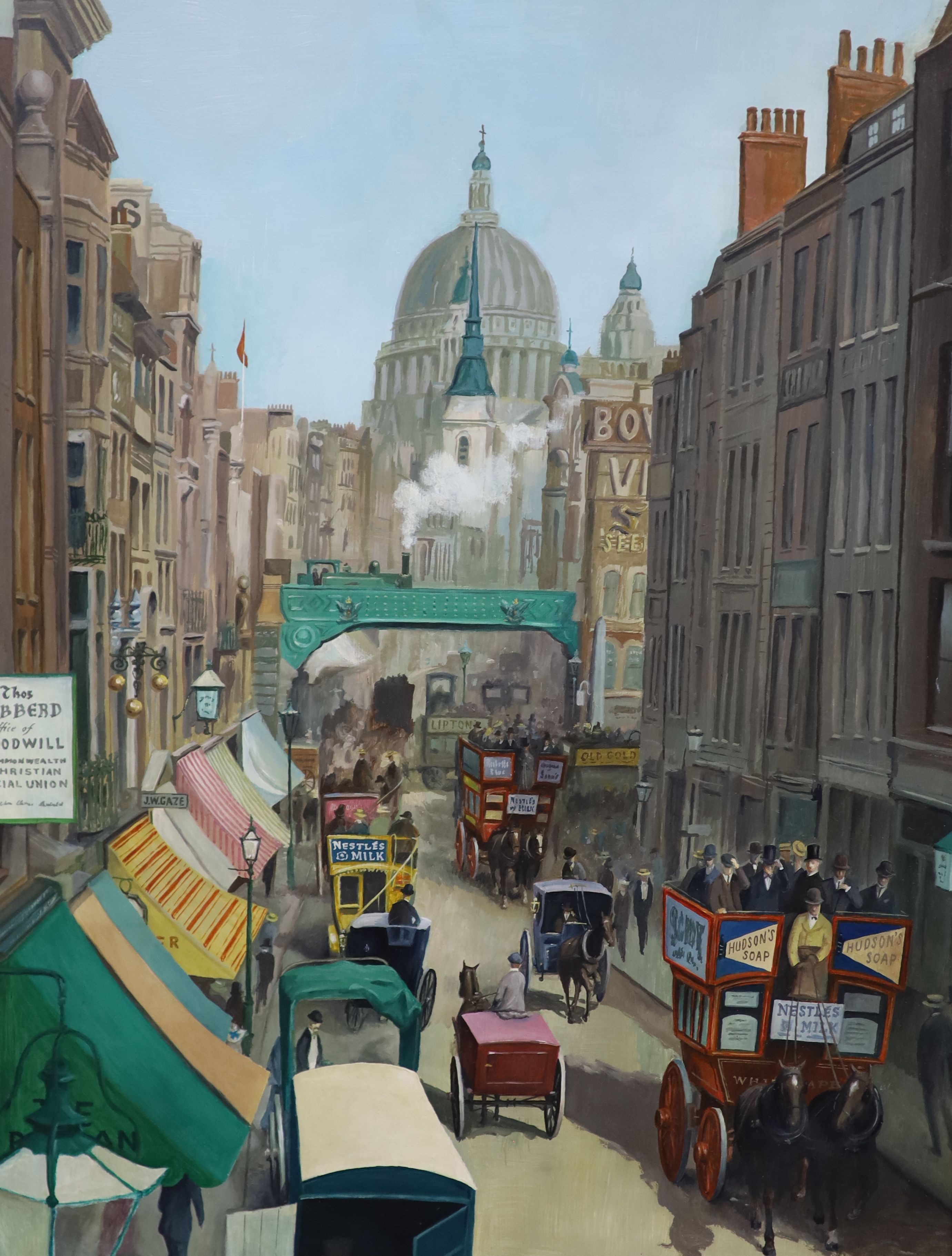 Ronald George Ferns (1925-1997), View along Fleet Street c.1900, oil on board, 60 x 45cm